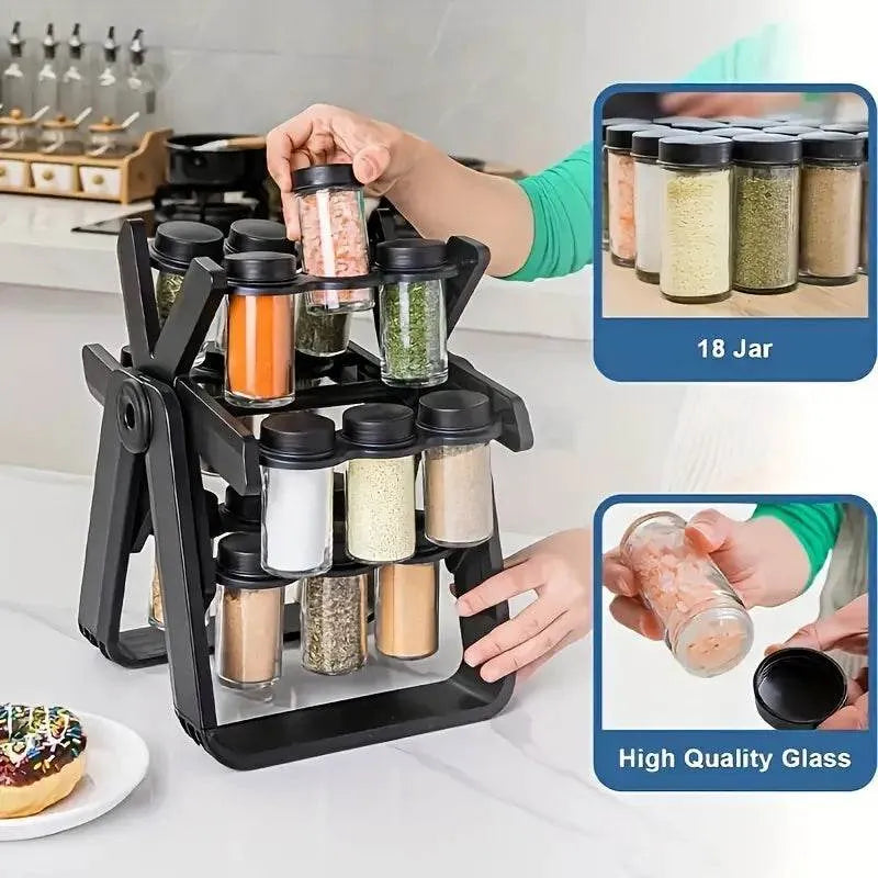 360° Rotating Spice Rack with 18 Glass Jars